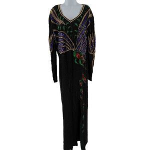 Vintage Black Silk Dress Hand Embellished in Colorful Beads/Sequins in an Abstra